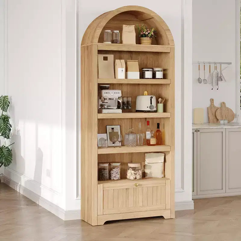 Libreria ad arco da 72 pollici con cassetto portaoggetti, mobile espositivo moderno a 6 ripiani in legno con ripiani aperti e cassetto inferiore, anta curva dell'armadio