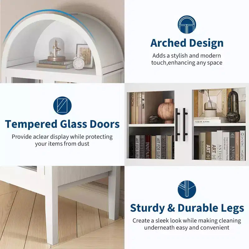 Mobile Contenitore, Nero/Bianco, Stile Arco, Singolo, Alto 71 con Luci a LED e Ante in Vetro