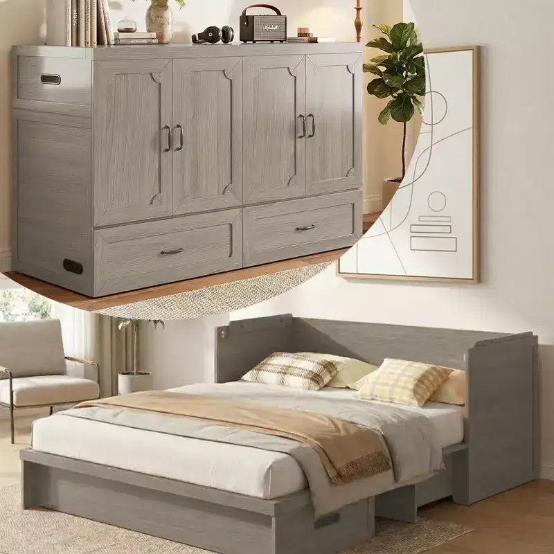 Letto a scomparsa matrimoniale Mjkone con materasso, ricarica USB, cassetti portaoggetti
