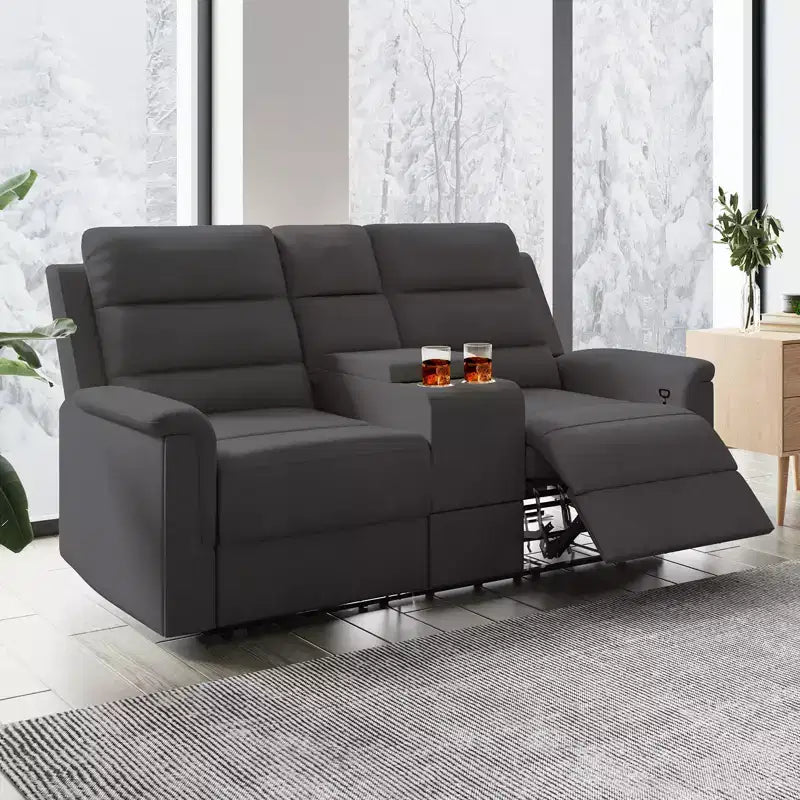 Divanetto reclinabile in tessuto tecnico beige/grigio, 2 posti, schienale e poggiapiedi regolabili