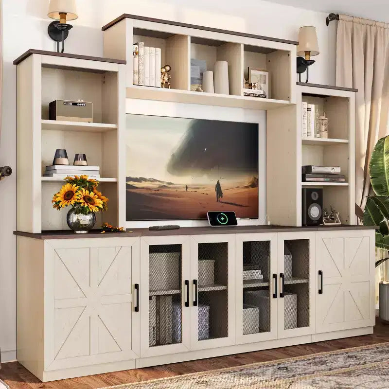 Mobile TV moderno per TV da 55 pollici con stazione di ricarica, console multimediale con ampi armadietti, centro di intrattenimento per soggiorno-Panipeachy