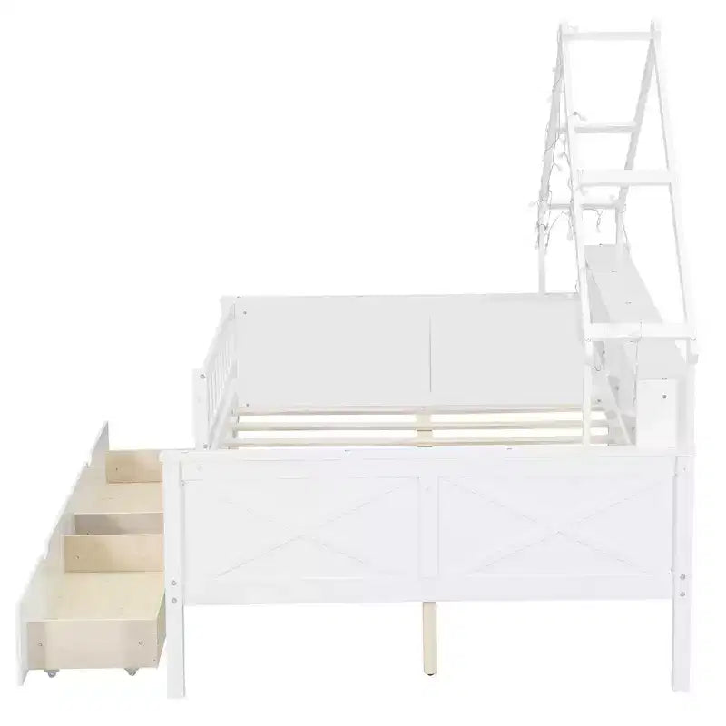 Struttura letto a casetta a grandezza naturale con cassetti, letto a piattaforma a casetta con luci LED, mensole e cassetti portaoggetti, divano letto in legno con tetto e sponda