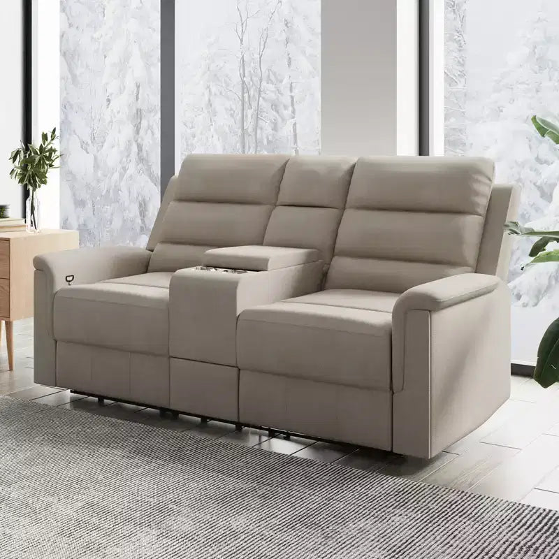 Divanetto reclinabile in tessuto tecnico beige/grigio, 2 posti, schienale e poggiapiedi regolabili