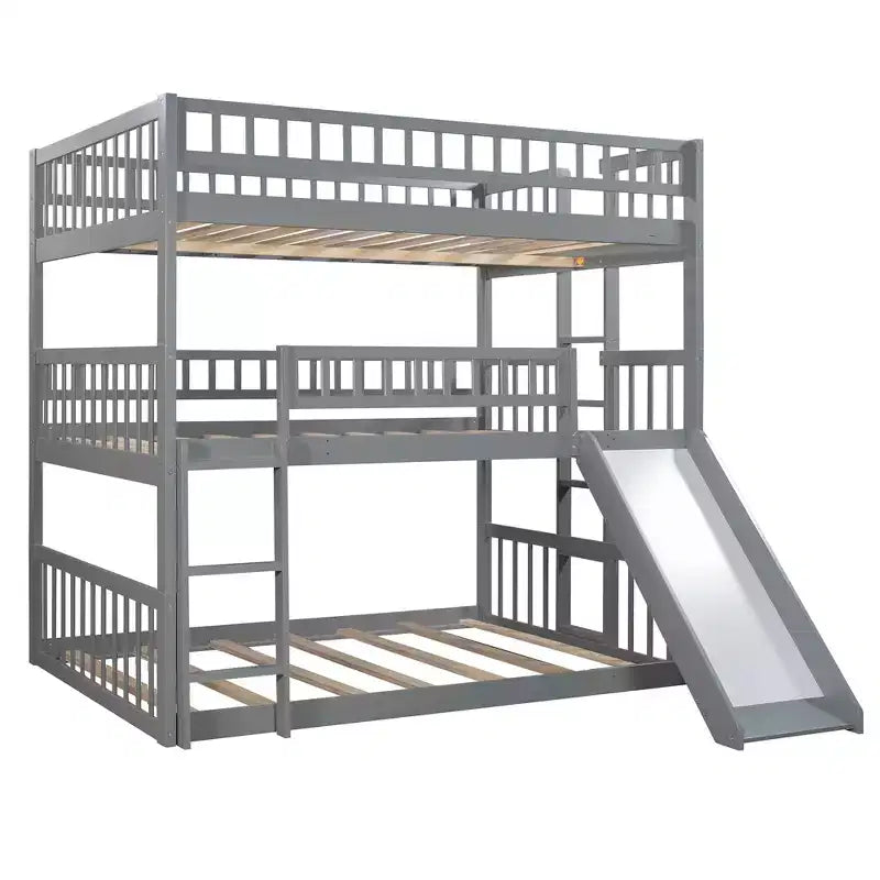 Letto a Castello Triplo Full Over Full con Scaletta Convertibile e Scivolo, Letto Triplo con Sponde di Protezione, Bianco/Grigio/Espresso - ModernLuxe