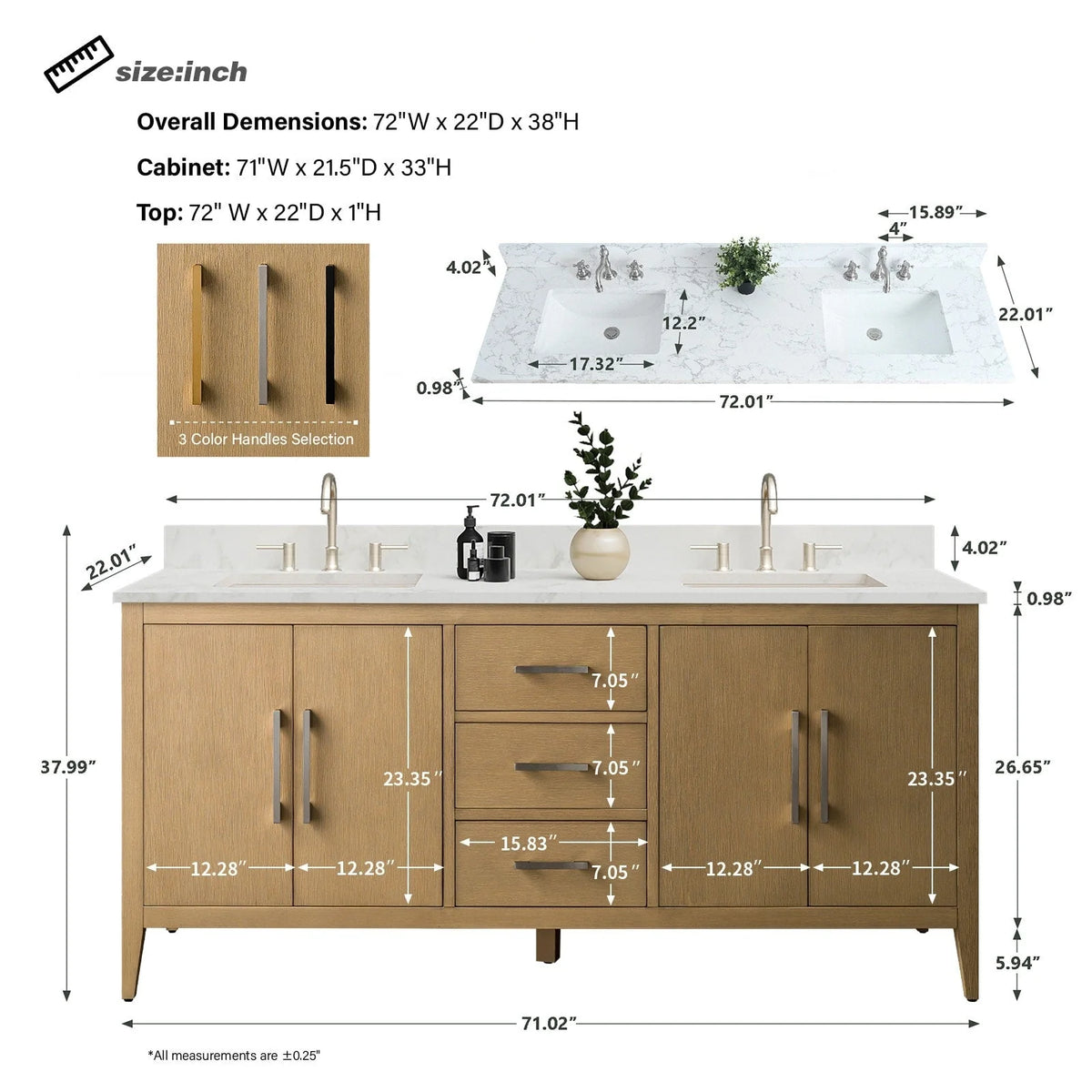 Mobile lavabo doppio Vanity Art 72 per bagno con piano in marmo composito