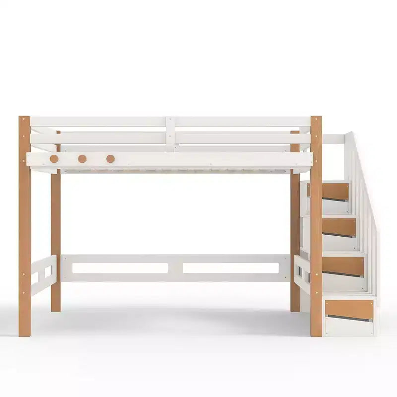Letto a soppalco moderno con appendiabiti, mensole e spazio sotto il letto
