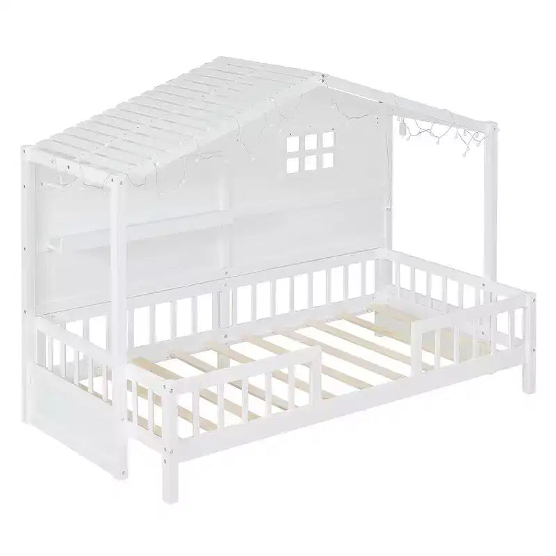 Letto a capanna per bambini con scaffali e sponde, Struttura letto in legno stile Montessori per bambini con finestra e striscia luminosa scintillante
