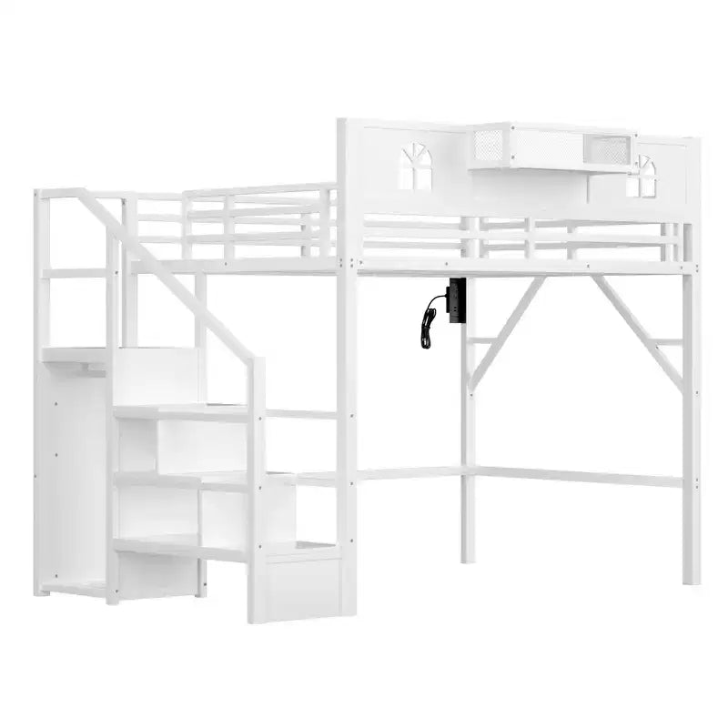 Letto a soppalco ModernLuxe matrimoniale/queen size con scale e armadio integrato, struttura letto in metallo con luci a LED, stazione di ricarica USB e ripiani portaoggetti