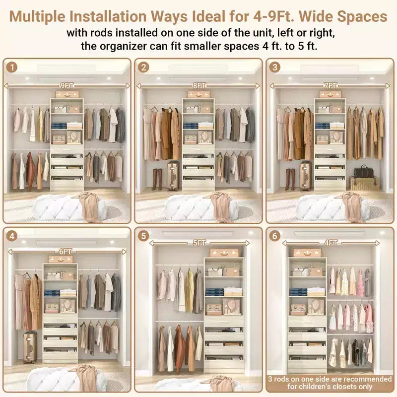 Besiost Sistema Organizer per Armadio in Legno 4-9 piedi con 4 Cassetti, 4 Aste Appendiabiti e Torri Scaffale