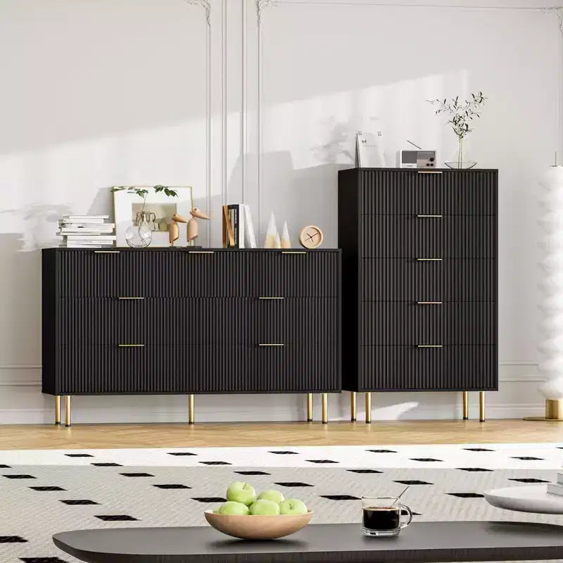 Comò a 5 cassetti bianco / marmo e legno – Pannello scanalato, per uso singolo