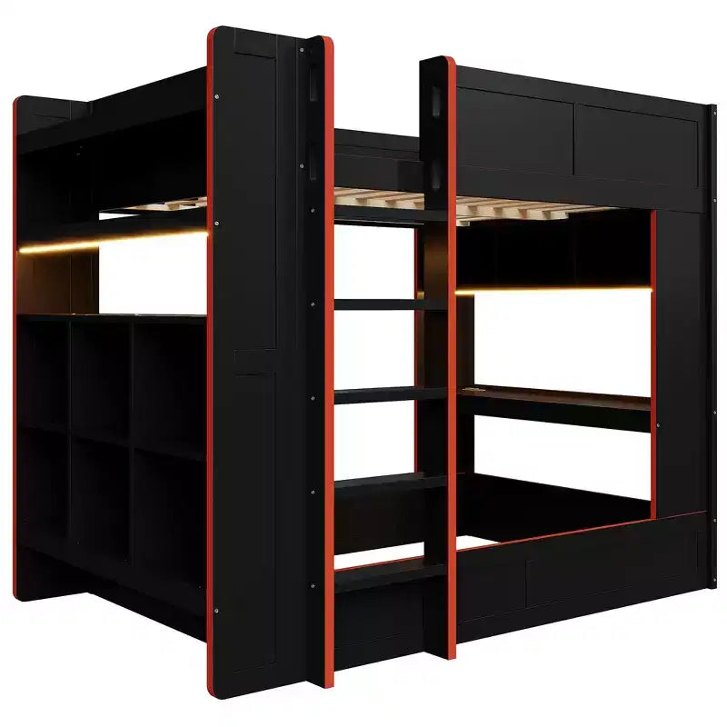 Letto a castello da gaming in legno a grandezza naturale con scrivania integrata, mensole, luci LED a 7 colori e stazione di ricarica, nero - ModernLuxe