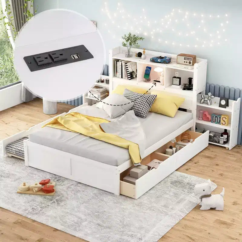 Letto matrimoniale con contenitore, rotelle estraibili, testiera libreria e stazione di ricarica, struttura letto in legno matrimoniale con mensole e cassetti
