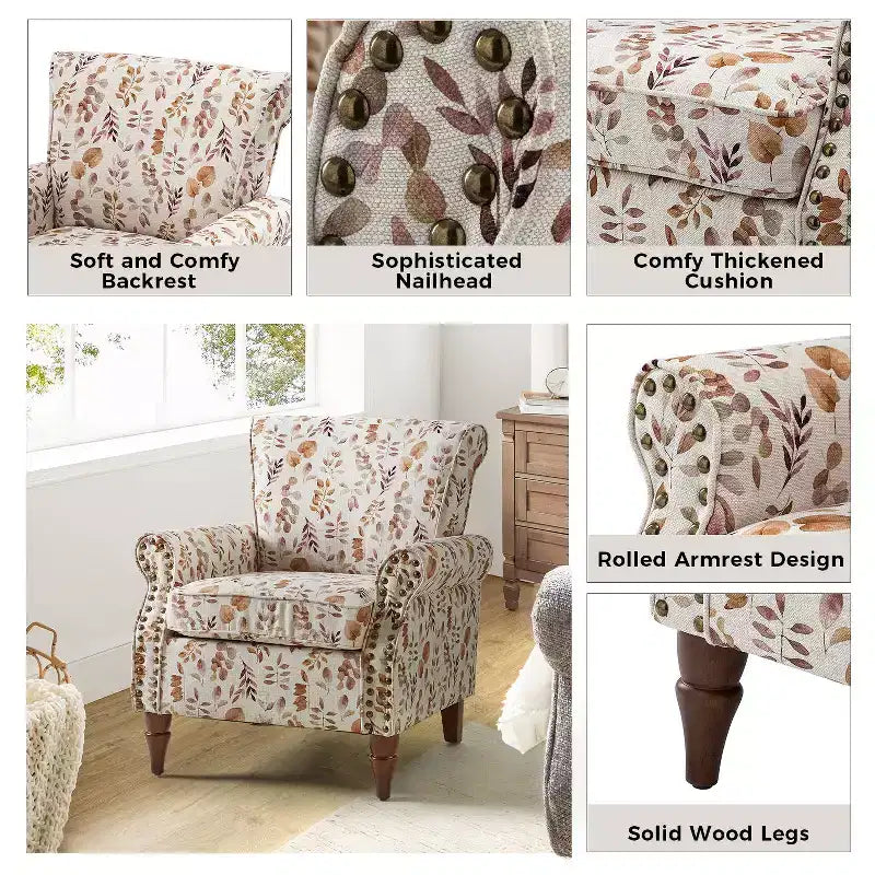 Poltrona Araceli Tradizionale in Legno Imbottita Floreale con Schienale Alto e Borchie | ART OF LIVING DESIGNS