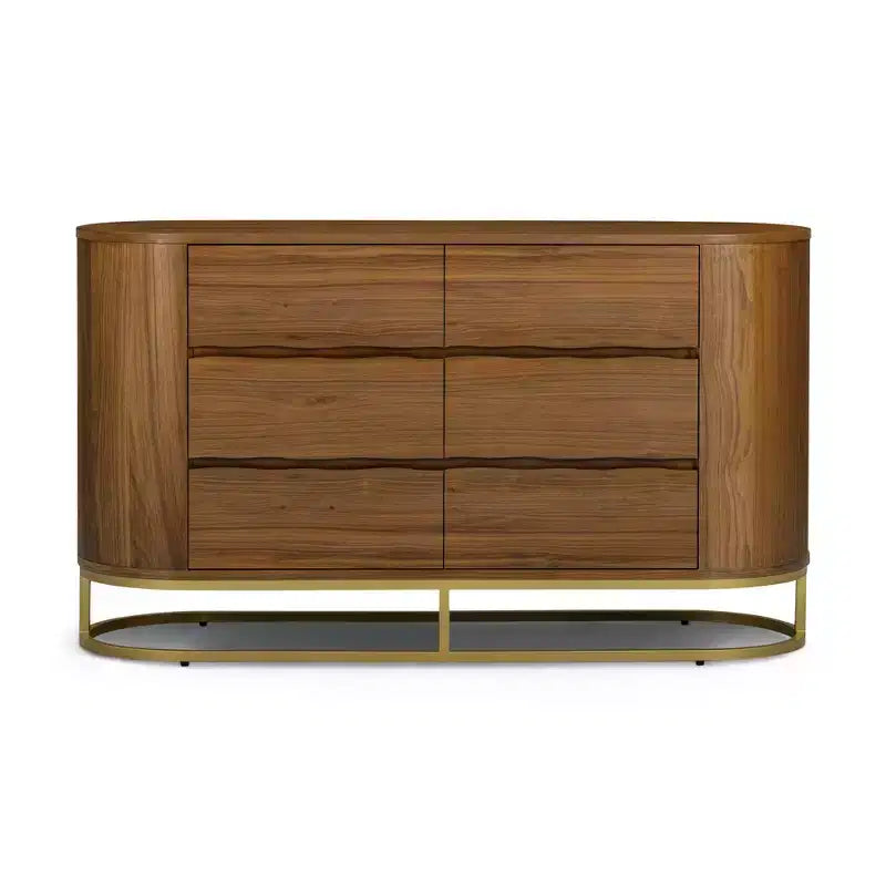Comò moderno a 6 cassetti con design a bordo vivo, base in metallo e costruzione durevole in legno misto