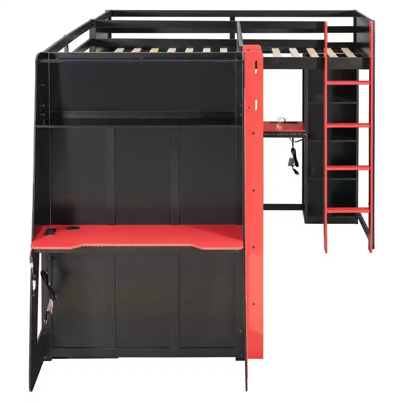 Letto a soppalco a L da gaming con scrivanie, letti a soppalco doppi con luci LED, porte USB, scaffali portaoggetti, letto a soppalco ad angolo in legno per 2