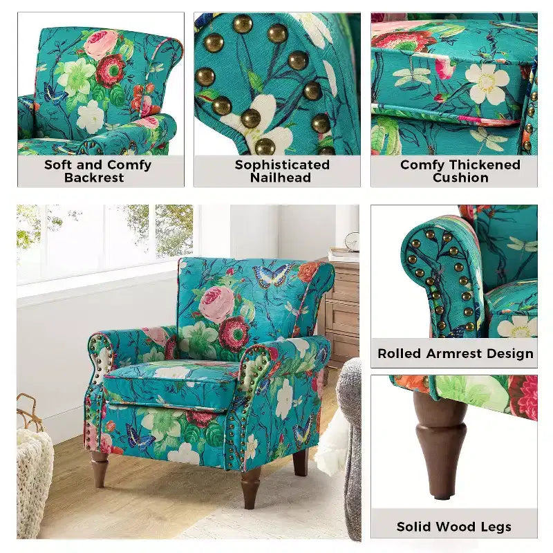 Poltrona Araceli Tradizionale in Legno Imbottita Floreale con Schienale Alto e Borchie | ART OF LIVING DESIGNS