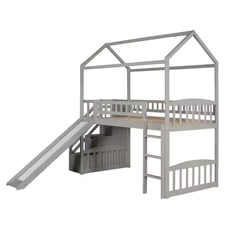 Letto a soppalco a castello con scivolo e scale, letto a soppalco con cassetti contenitori, letto a soppalco in legno a capanna per bambini e neonati