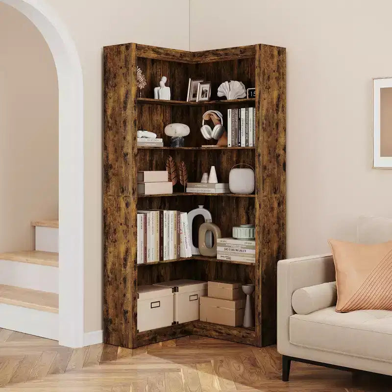 Libreria angolare a 5 ripiani a forma di L, in stile retrò, Bianco/Nero/Legno, singola