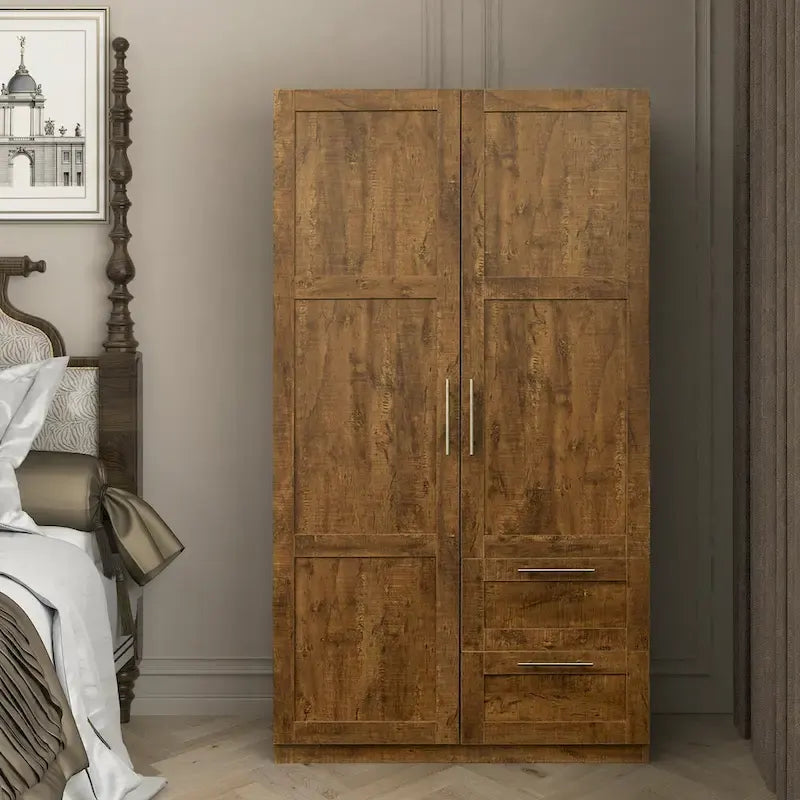 Armadio Guardaroba Bianco in Legno con Ante, Cassetti e Asta Appendiabiti