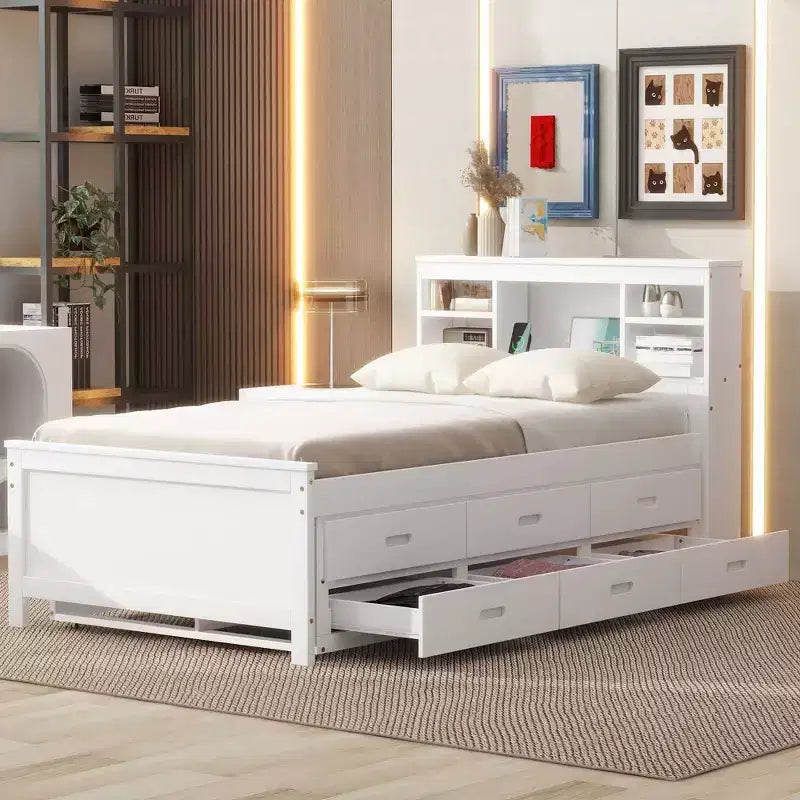 Letto a piattaforma con letto estraibile e cassetti, Letto a piattaforma contenitore con USB, Letto a piattaforma in legno con libreria