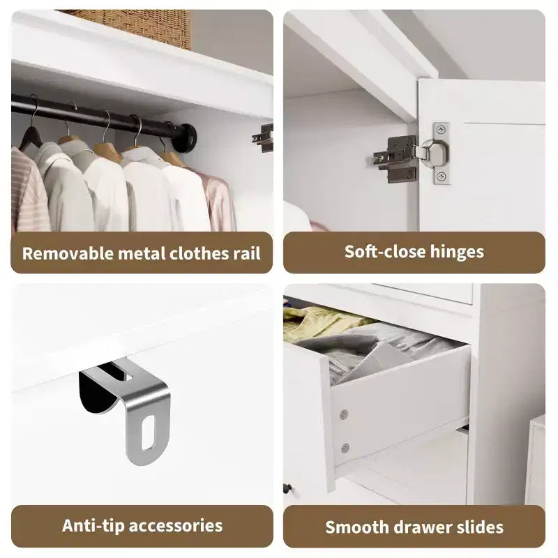 COZONY Armadio Guardaroba con 3 Cassetti e 2 Ante, Armadio Moderno in Legno per Camera da Letto, Armadio Alto Bianco Resistente