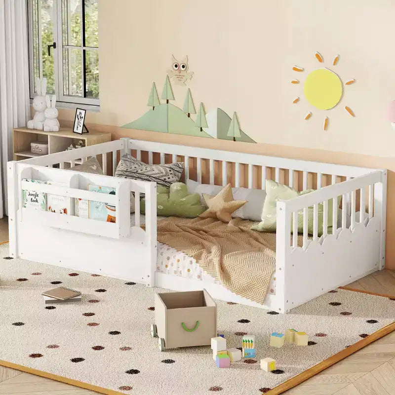 Lit d'enfant Bellemave avec clôture rehaussée et étagère, cadre de lit Montessori double en bois pour filles et garçons