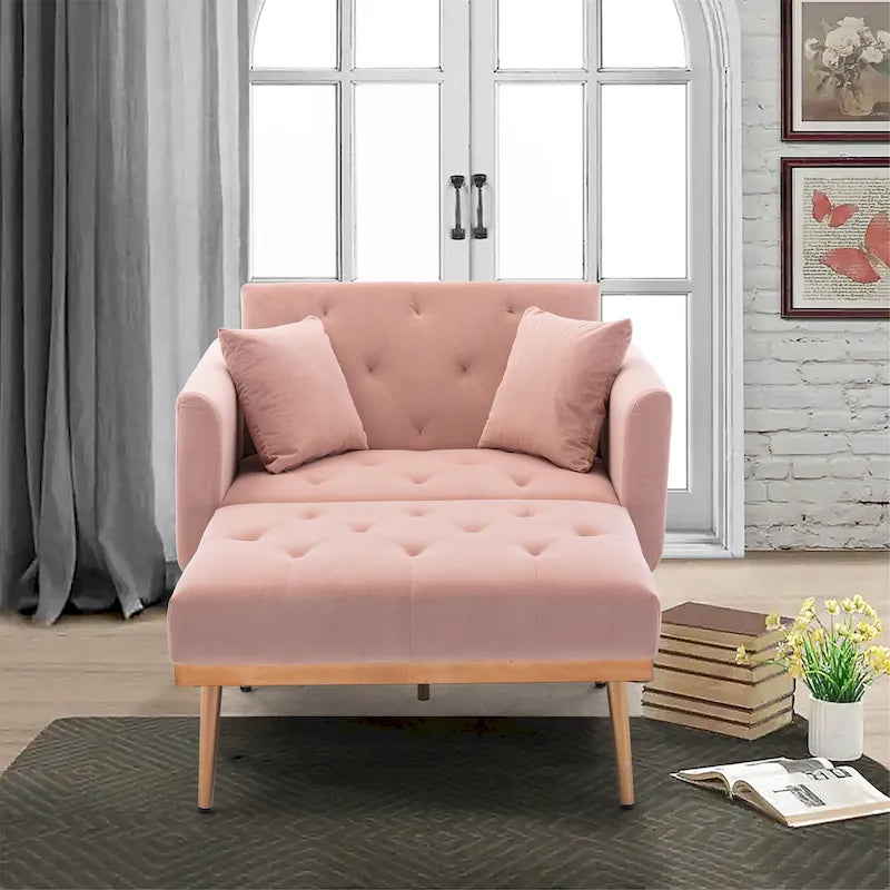 Divano letto-poltrona in velluto trapuntato con piedini color oro rosa per salotto