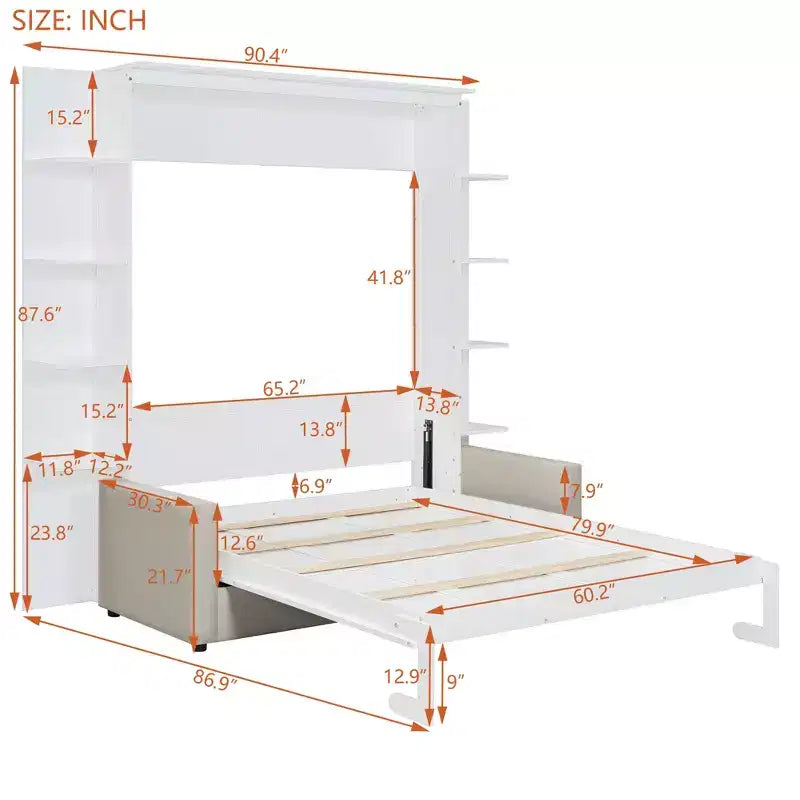 Letto a scomparsa Queen Murphy con divano, letto a scomparsa Queen Size con armadio, letto a parete pieghevole con libreria e mensole per camera degli ospiti o ufficio