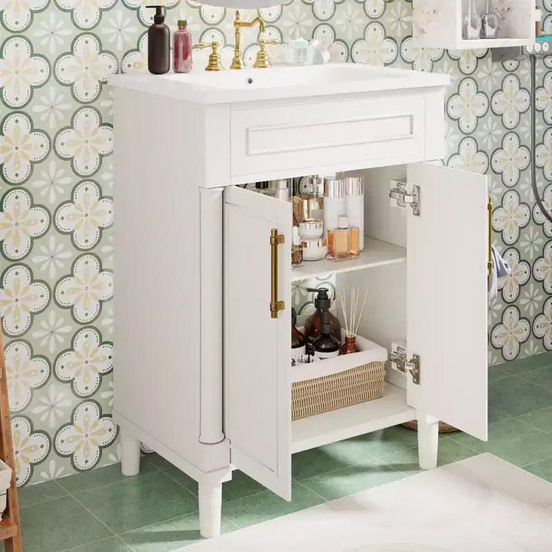 Mobiletto da bagno 61 cm con lavabo in ceramica, mobile stile shaker, 2 ante con chiusura ammortizzata, struttura in legno massello per bagno piccolo o bagno di servizio