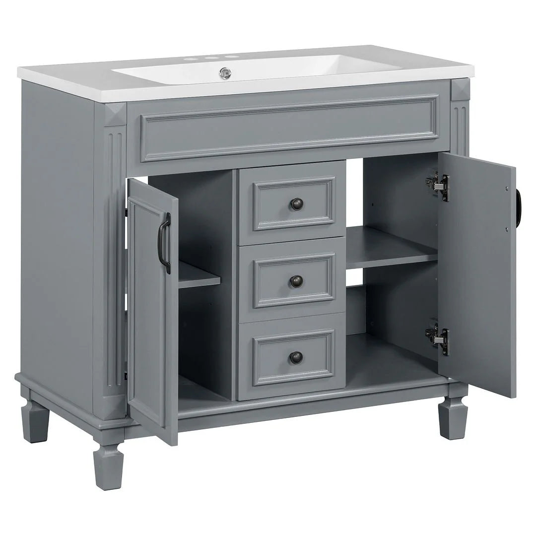 Mobile Bagno Moderno da 90cm con Lavabo Integrato e Specchiera, 2 Ante e 2 Cassetti