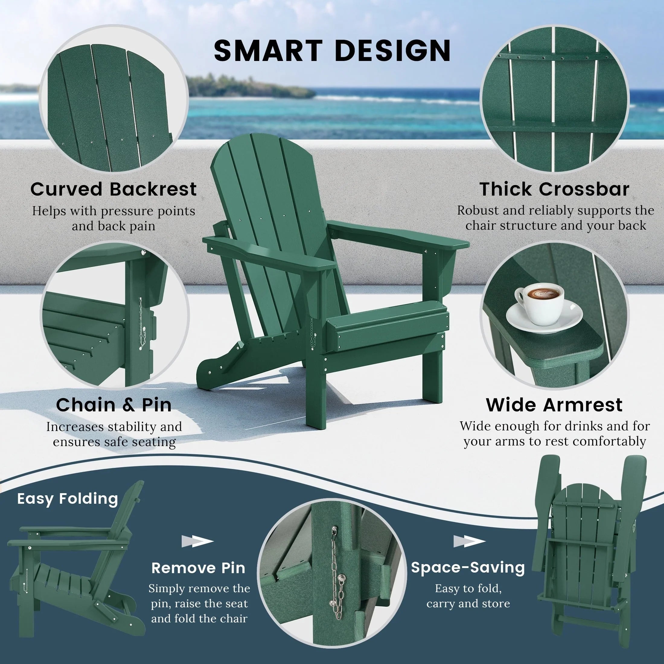 Polytrends Laguna Sedia Adirondack Pieghevole da Esterno per Patio Resistente allo Sbiadimento e alle Intemperie