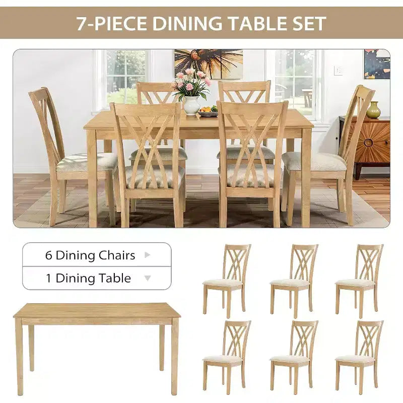 Zevemomo Set da Pranzo da 7 Pezzi in Legno Massello con 6 Sedie Imbottite, Set Tavolo e Sedie Salvaspazio, per Sala da Pranzo, Cucina, Colore Legno Naturale