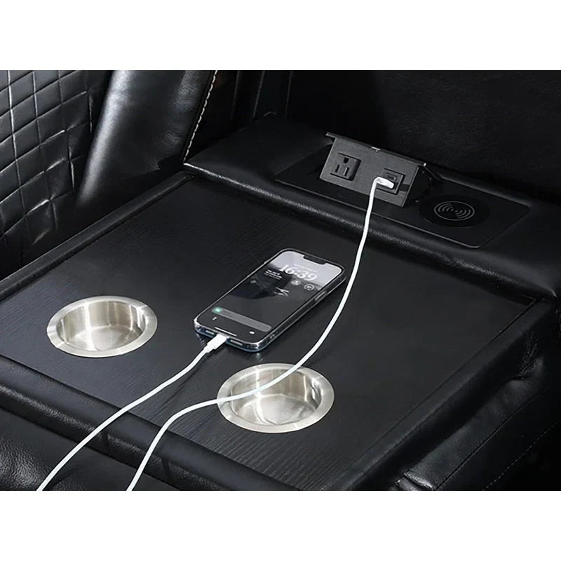 Divano Reclinabile Elettrico con Caricatore Wireless, Luce da Lettura per Soggiorno, Luce LED in Similpelle, Porta AC/USB, Portabicchieri, Nero