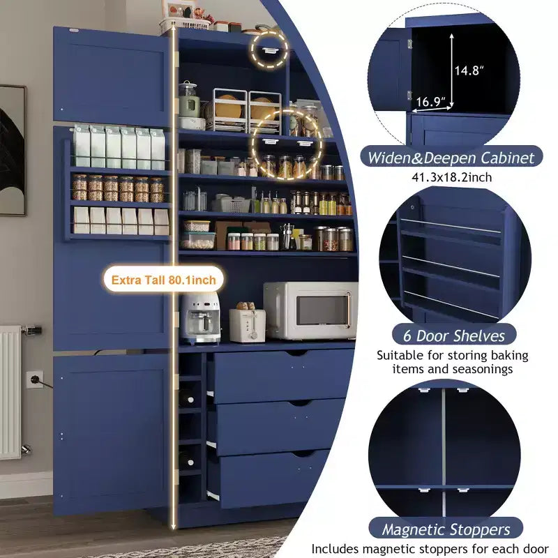 Dispensa Alta da Cucina con Prese di Corrente, Grande Credenza Autoportante con Supporto per Microonde, Cassetti, Scaffali, Portabottiglie e Ante con Ripiani