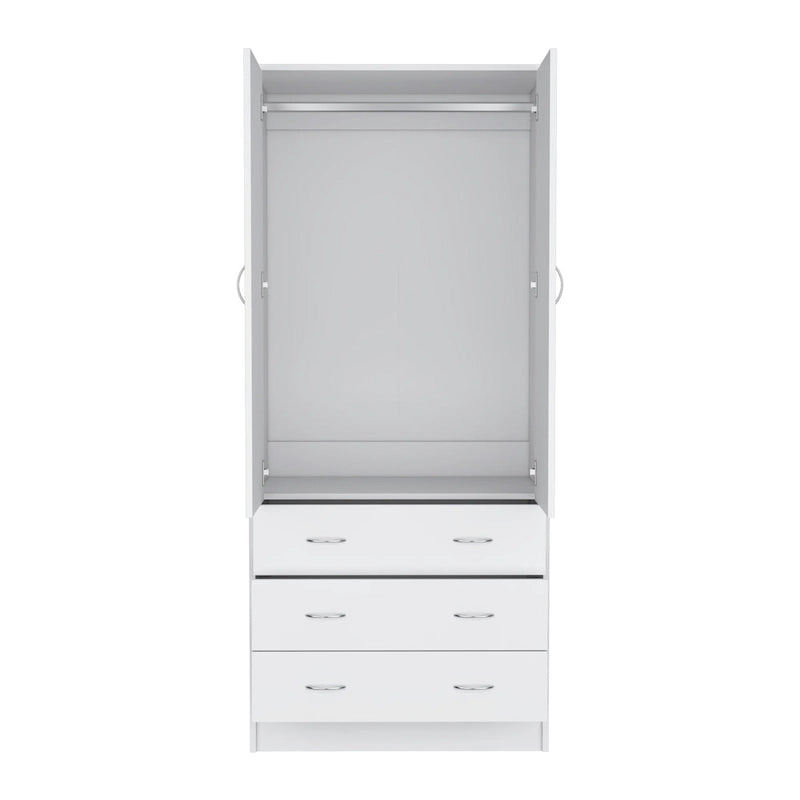 Armadio moderno a due ante con 3 cassetti e 1 bastone appendiabiti per camera da letto