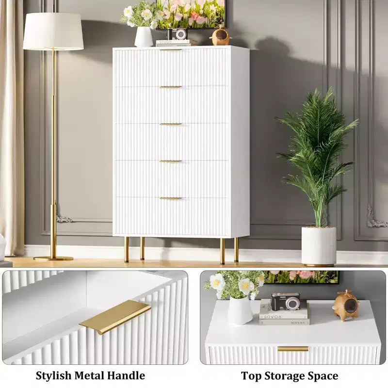 Comò a 5 cassetti bianco / marmo e legno – Pannello scanalato, per uso singolo