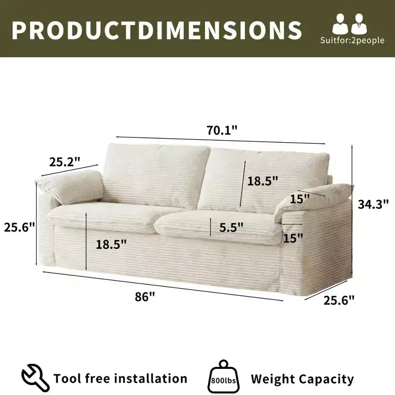 Dyonery 86 Cloud Loveseat Sofa, seduta profonda e ampi braccioli con cuscini, telaio robusto, design ergonomico e traspirante