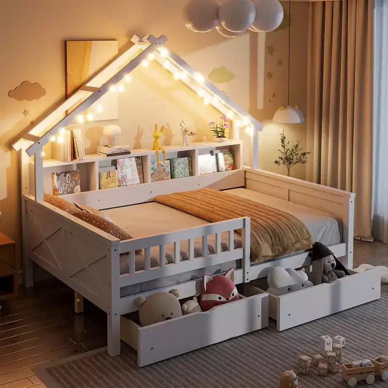 Cadre de lit maison pleine grandeur avec tiroirs, lit plate-forme maison avec lumières LED, étagères de rangement et tiroirs, lit de repos en bois avec toit et garde-corps