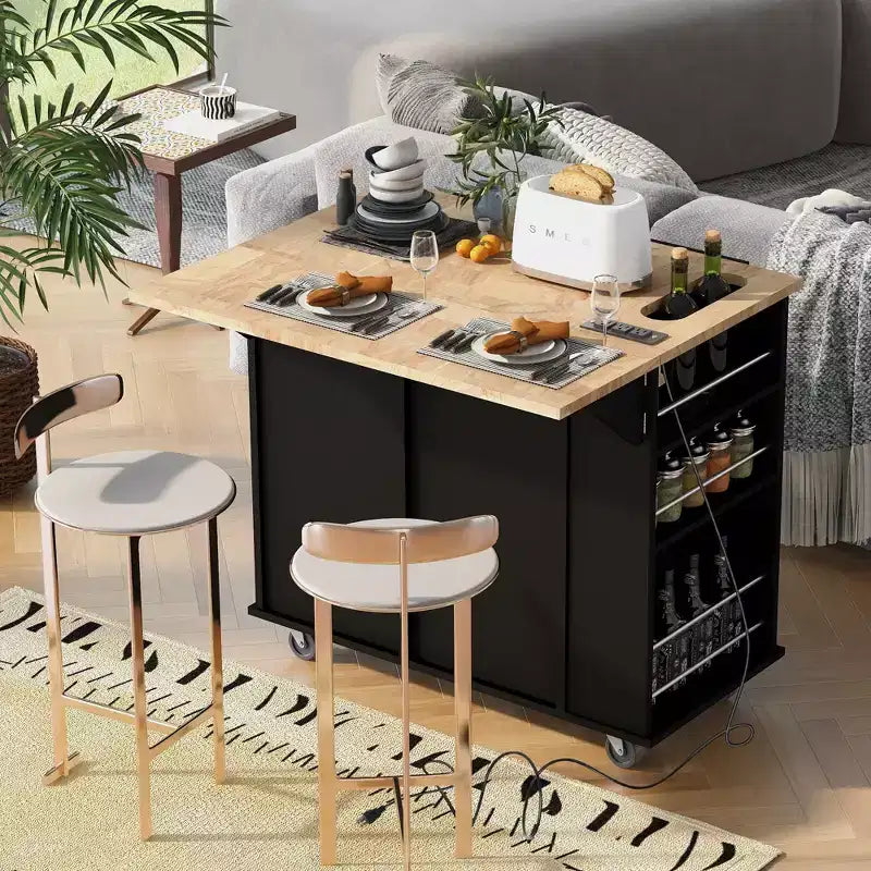 Isola da Cucina Mobile con Presa di Corrente, Piano Ribaltabile e Top in Legno di Gomma
