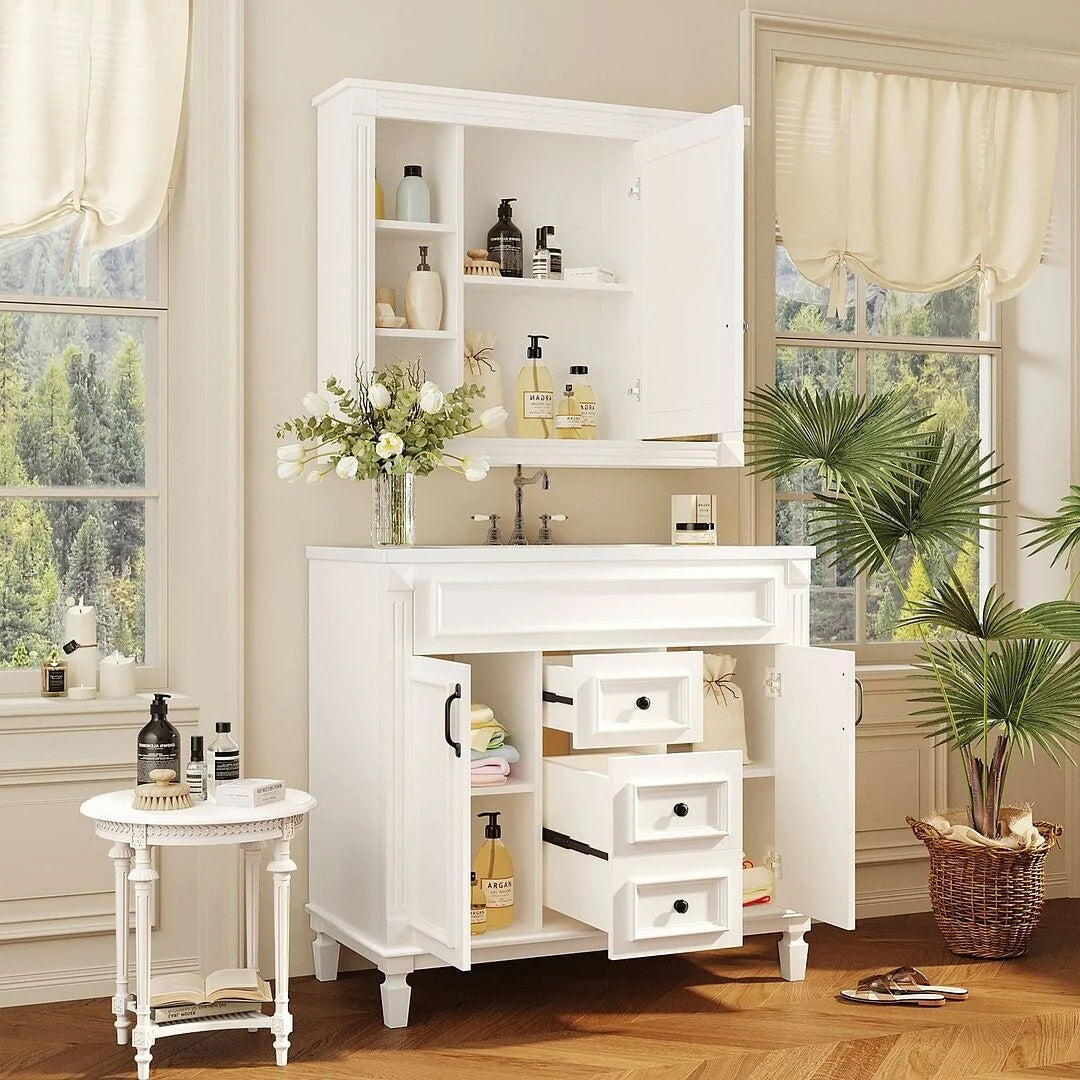 Mobile Bagno Moderno da 90cm con Lavabo Integrato e Specchiera, 2 Ante e 2 Cassetti