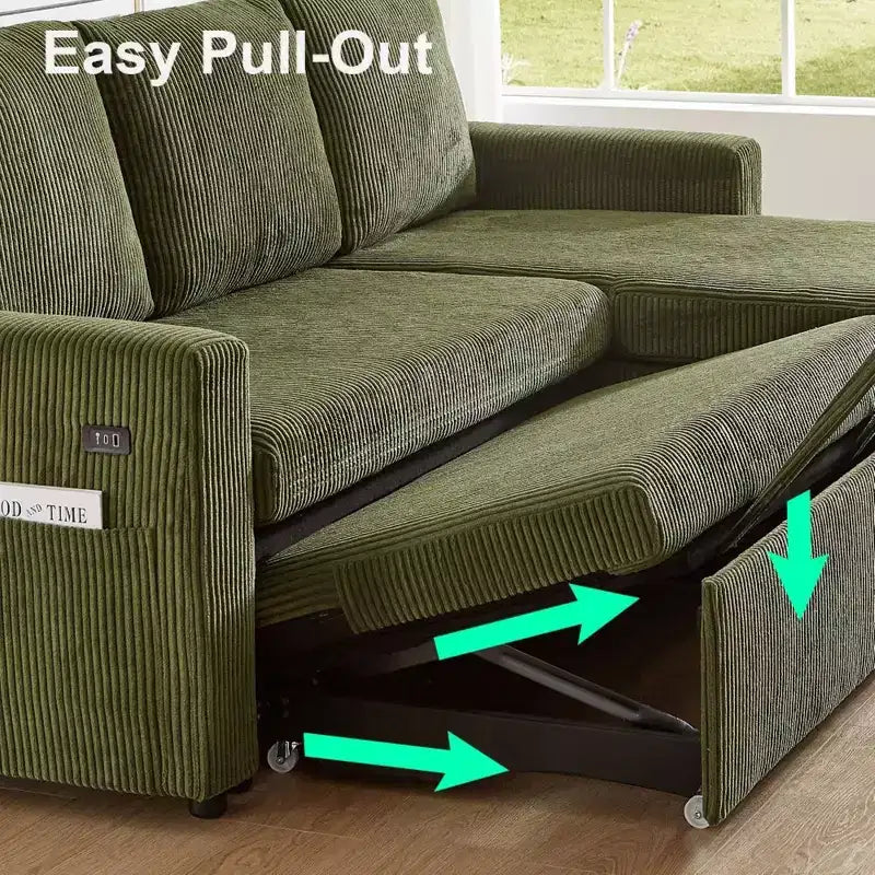 Divano Letto Estraibile 2 in 1 Dyonery con Chaise Longue Contenitore e USB, Divano Angolare in Velluto a Coste per Soggiorno