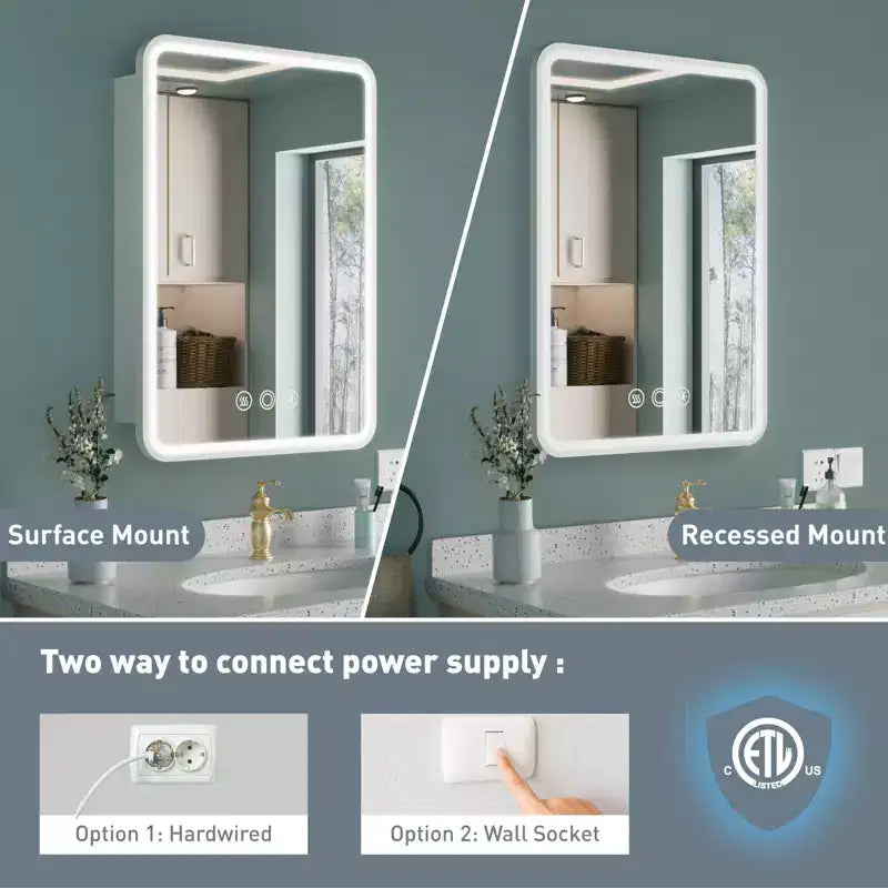 Mobiletto a specchio a LED nero/bianco/oro, anta singola, cerniera sinistra o destra, a incasso o a parete