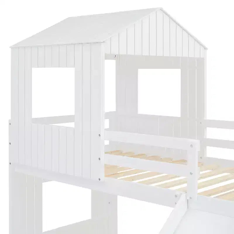 Letto a castello in legno Luxystar Twin Over Full con casetta da gioco, scivolo e sponde di protezione