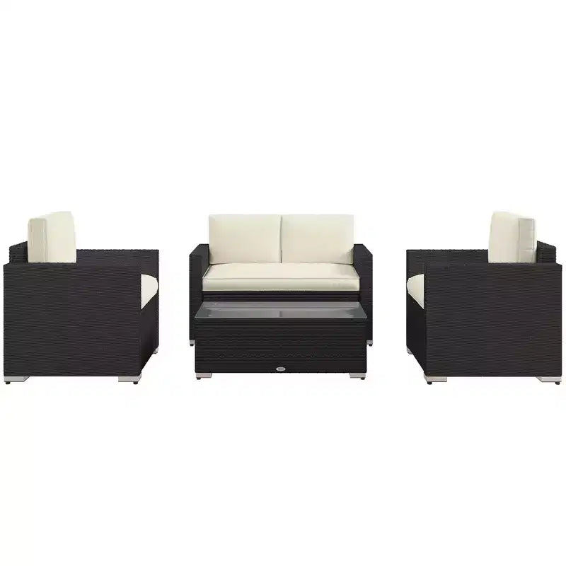 Set Divano in Rattan da 4 Pezzi, Set Divani da Esterno in Vimini con Divanetto Sedie Tavolino con Piano in Vetro per Giardino