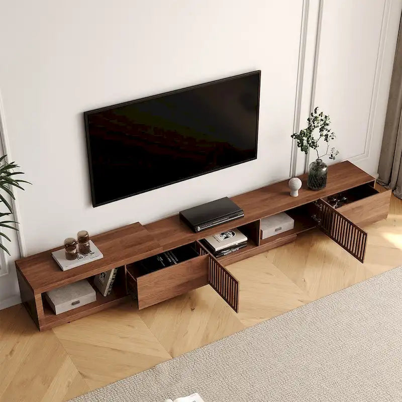 Mobile TV moderno allungabile e retrattile con 4 cassetti, fino a 261 cm - 78,54P x 15,74L x 13,78A