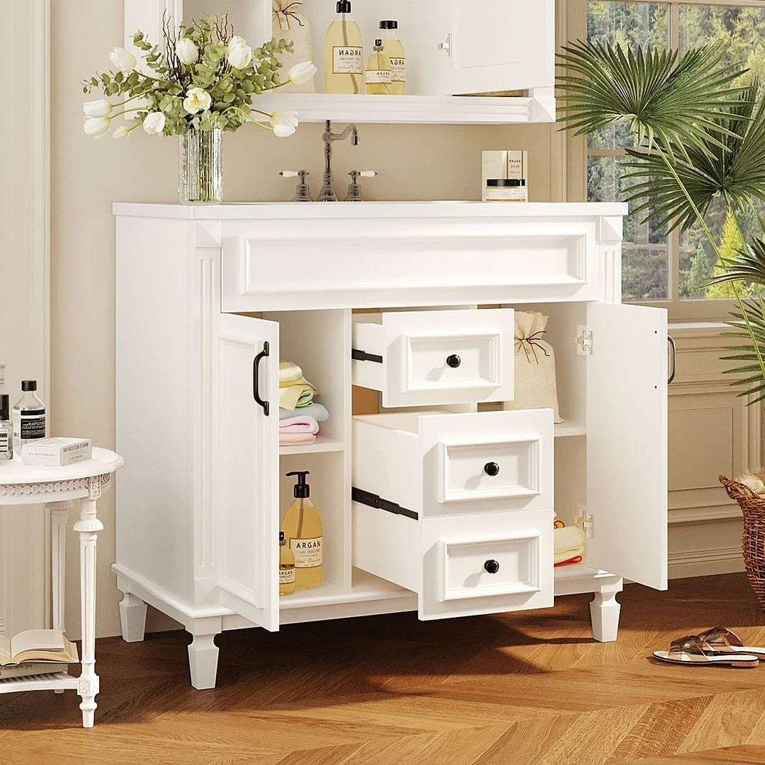 Mobile Bagno Moderno da 90cm con Lavabo Integrato e Specchiera, 2 Ante e 2 Cassetti