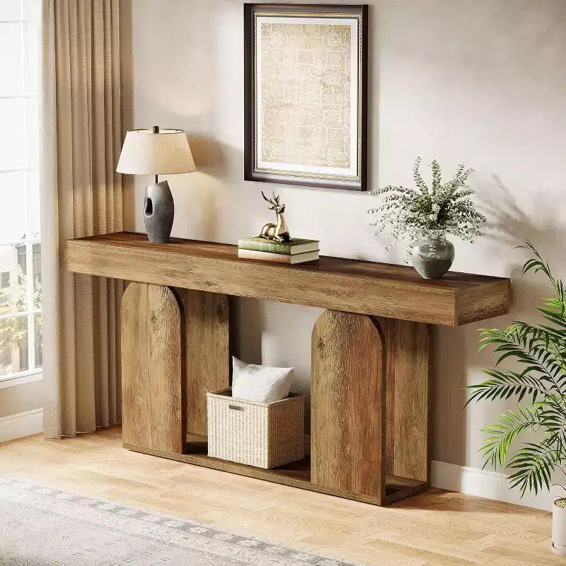 Tavolo consolle Lantine extra lungo da 180 cm in stile rustico con ripiano portaoggetti in legno a 2 livelli, adatto per corridoio, soggiorno, ingresso, marrone vintage.