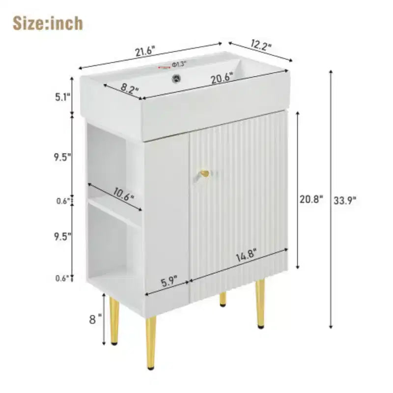 21.6 Mobile da bagno bianco, Mobile combinato, Armadietto contenitore per bagno, Lavabo singolo in ceramica, Vano contenitore a sinistra