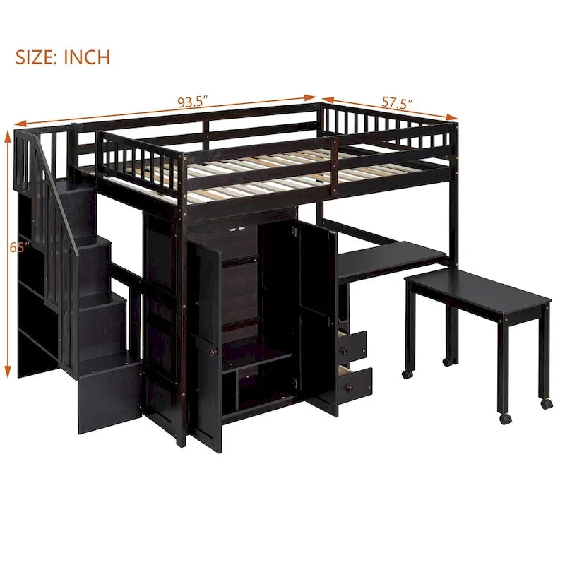 Letto a soppalco full-size con scala, libreria, scrivania e armadio - Mobili multifunzionali salvaspazio per bambini e ragazzi - Bianco