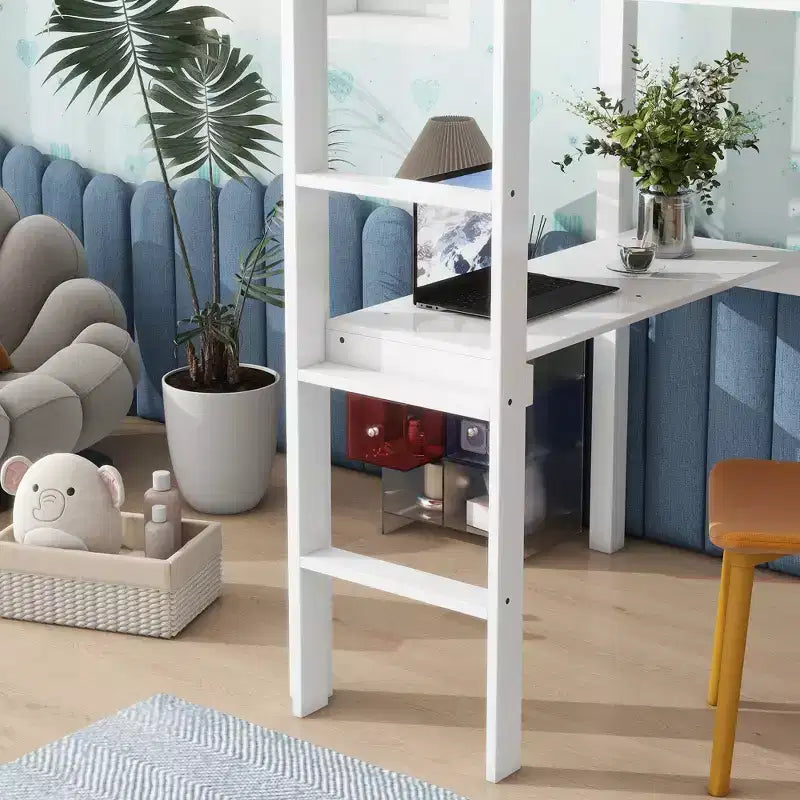 Letto a soppalco Okak Minimalism con scaletta, letto a soppalco singolo in legno di gomma con spondina di sicurezza e scrivania integrata, telai per letti per bambini, ragazzi